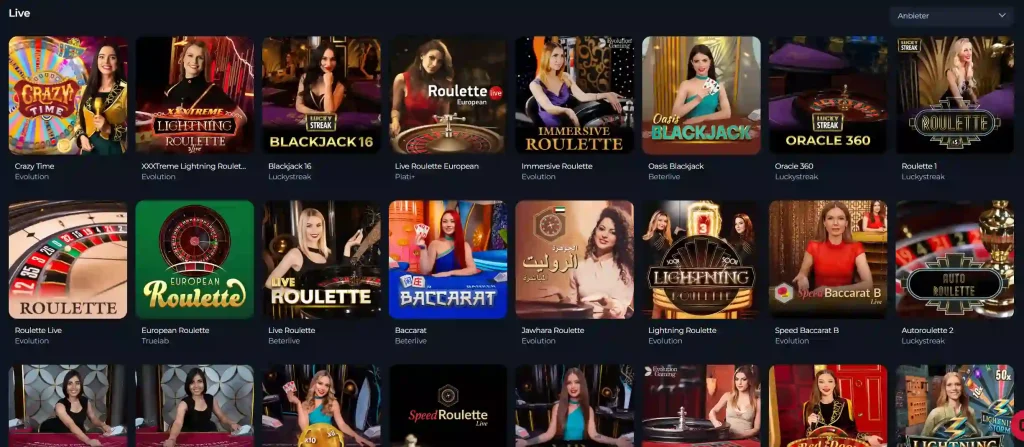 Winorio Casino Live Spiele Übersicht mit Roulette Blackjack und Baccarat von verschiedenen Anbietern