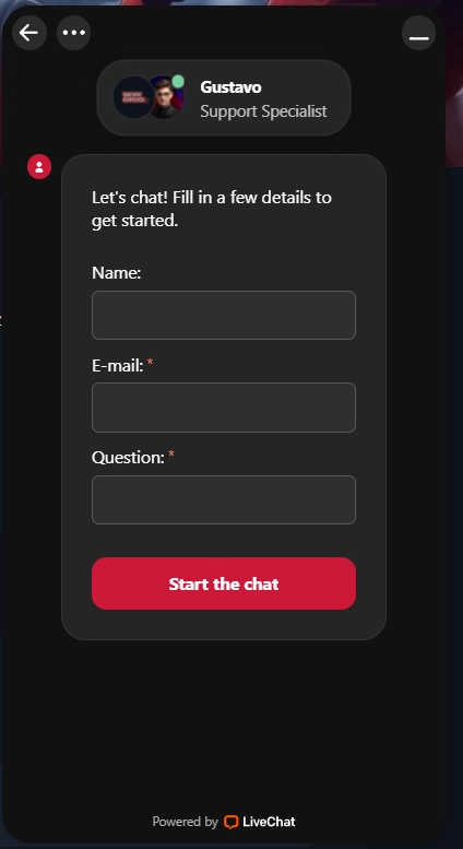 Winorio Casino Live Chat Support Formular mit Name E-Mail und Frage Eingabe
