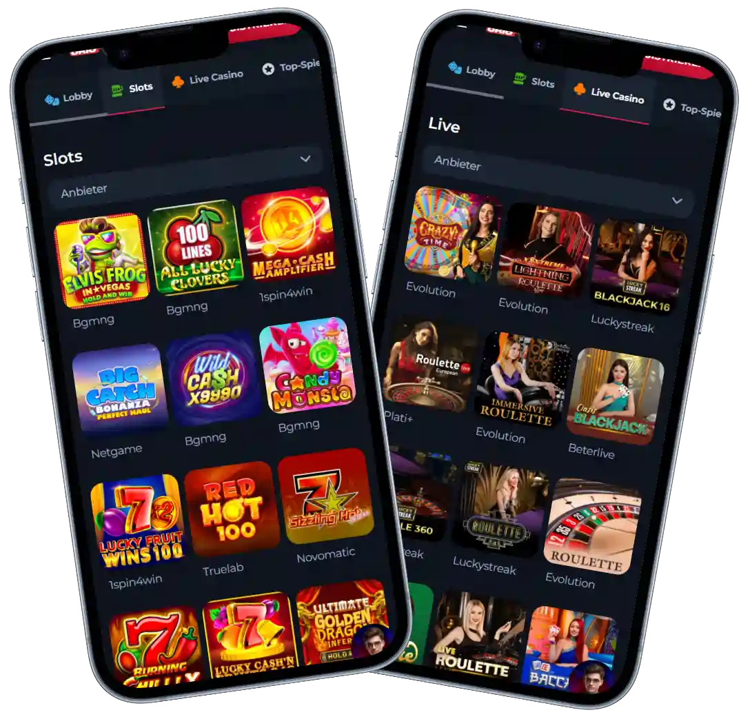 Winorio Casino mobile Ansicht mit Slots und Live Spielen auf Smartphone Displays