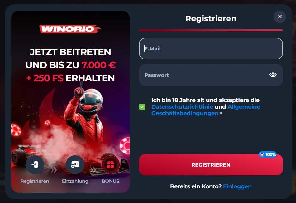 Winorio Casino Registrierung Formular mit Bonusangebot bis zu 7000 Euro und Freispiele