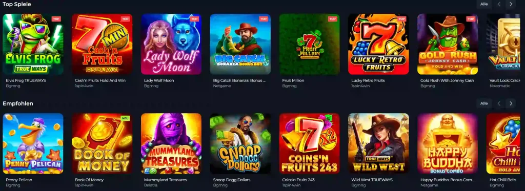 Winorio Casino Top Spiele Übersicht mit verschiedenen Slots und empfohlenen Spielen
