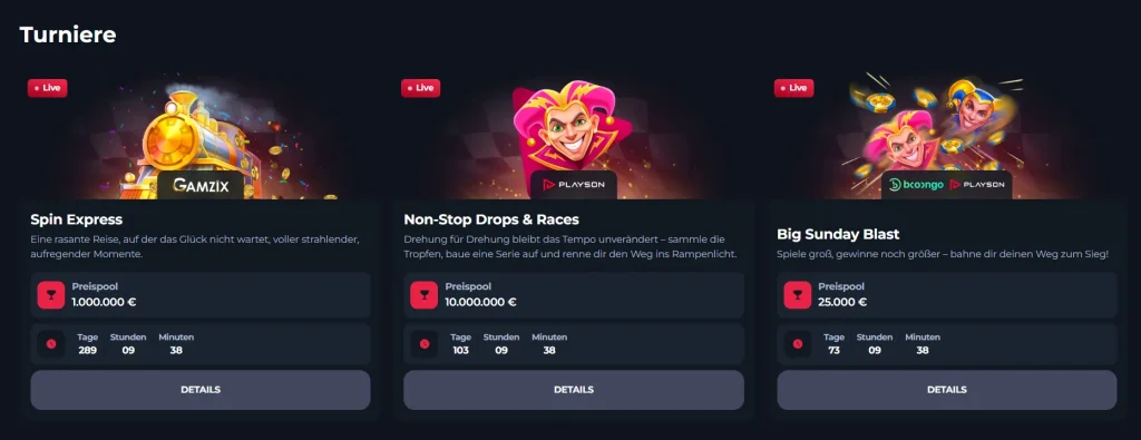 Winorio Casino Turniere Übersicht mit Spin Express Drops Races und Big Sunday Blast Aktionen